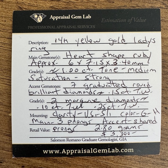 Custom Design RUBY HEART/DIAMONDS 14K YELLOW GOLD RING SIZE 6- APPRAISED @ $3300 - Picture 2 of 8